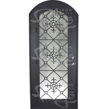 Load image into Gallery viewer, Single entryway door with a full length pane of glass behind intricate iron detailing. Door is thermally broken to protect from extreme weather.