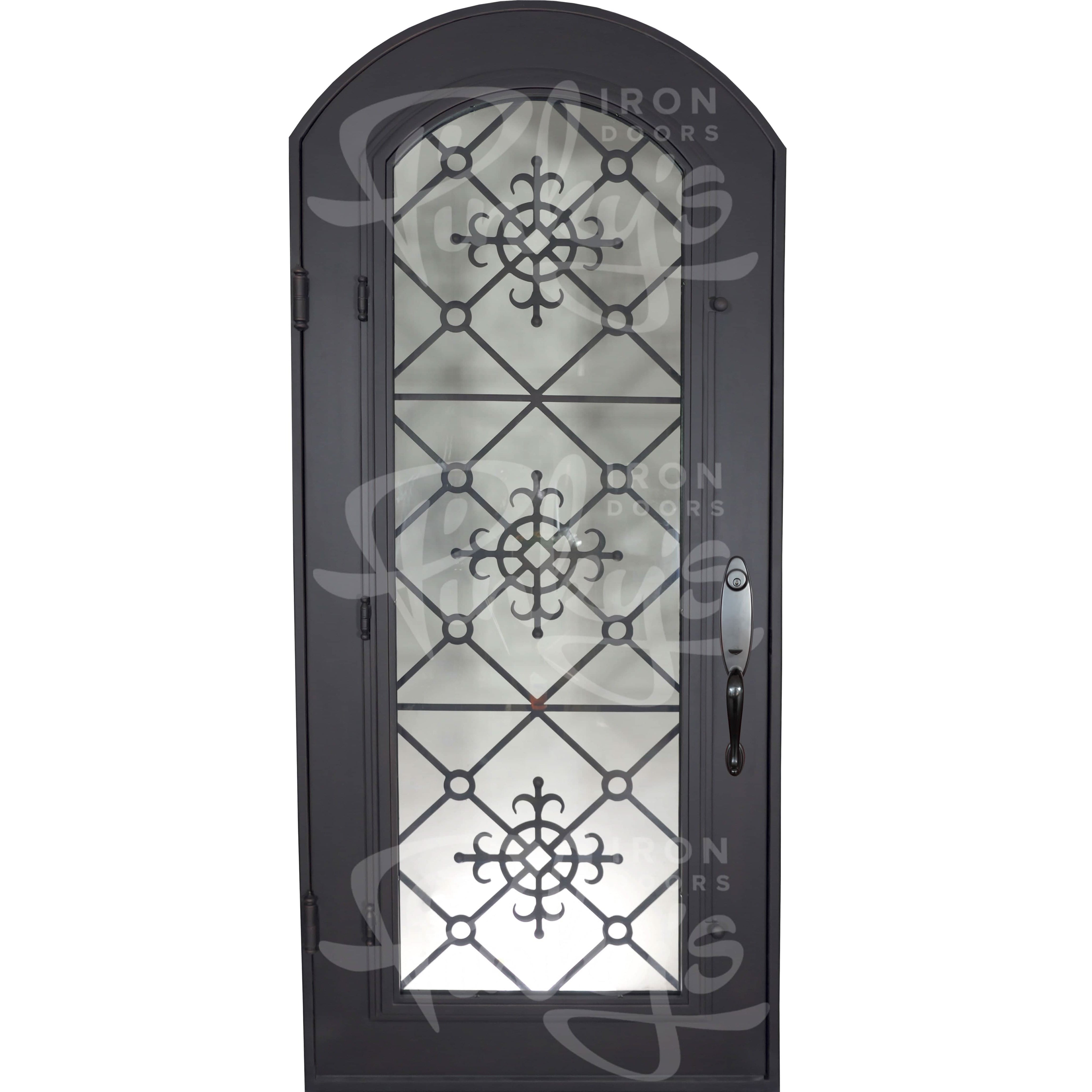 San Francisco curved top hinged door with thermal barrier and decorative ironwork.