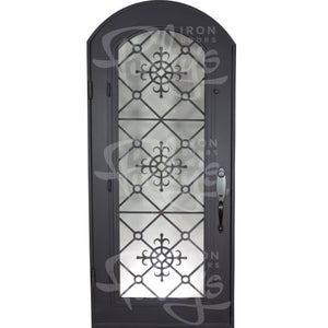 Single entryway door with 3/4 length pane of glass behind intricate iron detailing. Door features a slight arch and is thermally broken to protect from extreme weather.