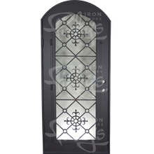 Load image into Gallery viewer, Single entryway door with 3/4 length pane of glass behind intricate iron detailing. Door features a slight arch and is thermally broken to protect from extreme weather.