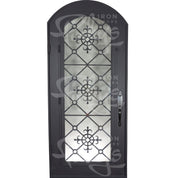 San Francisco metal door with decorative ironwork for cold weather in black finish.