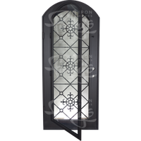Single entryway door with a full length pane of glass behind intricate iron detailing. Door is thermally broken to protect from extreme weather.