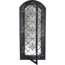Load image into Gallery viewer, Single entryway door with 3/4 length pane of glass behind intricate iron detailing. Door features a slight arch and is thermally broken to protect from extreme weather.
