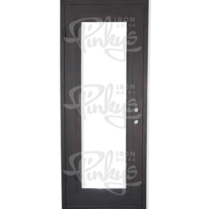 Single entryway door with a full length pane of glass and thick iron frame. Door is thermally broken to protect from extreme weather.