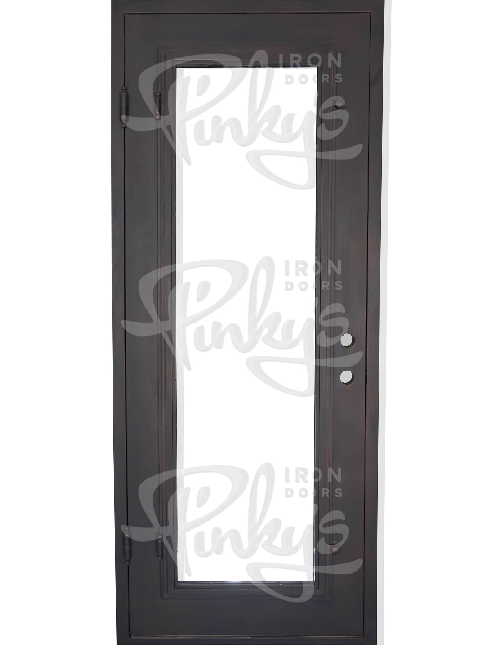 Standard Bronze color metal flat top single swing door with glass and full size glass.