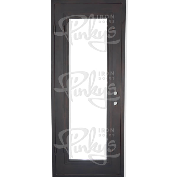 Standard Bronze color metal flat top single swing door with glass and full size glass.