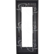 Standard Black wrought iron flat top single entry door with double-pane glass.