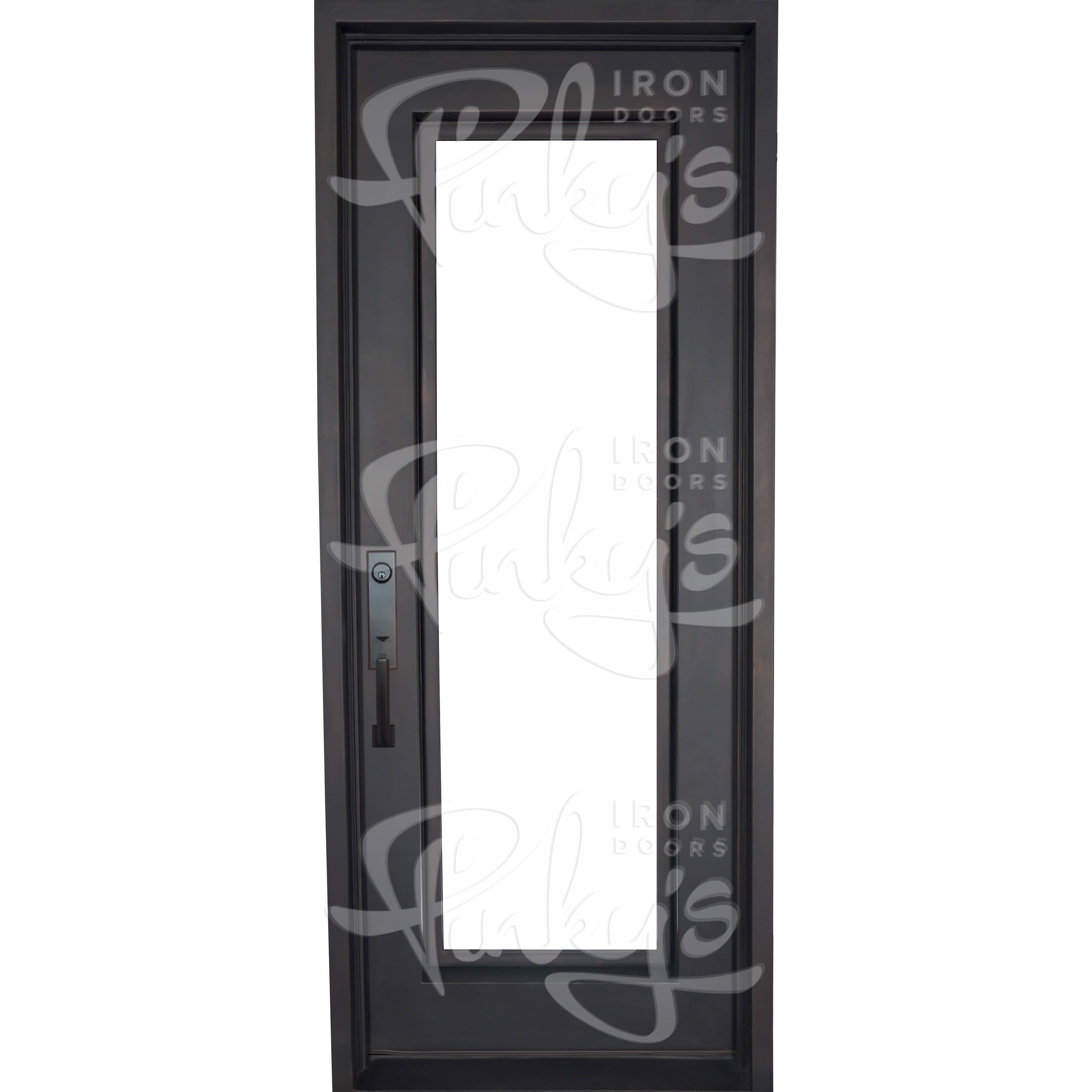 Standard Black wrought iron flat top single entry door with double-pane glass.