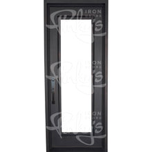 Load image into Gallery viewer, Single entryway door with a full length pane of glass and a thick iron frame. Door is thermally broken to protect from extreme weather.