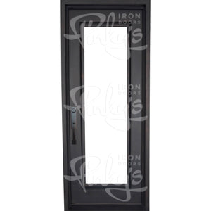 Single entryway door with a full length pane of glass and a thick iron frame. Door is thermally broken to protect from extreme weather.