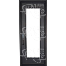 Load image into Gallery viewer, Single entryway door with a full length pane of glass and thick iron frame. Door is thermally broken to protect from extreme weather.