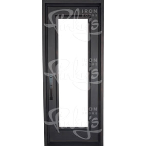 Single entryway door with a full length pane of glass and thick iron frame. Door is thermally broken to protect from extreme weather.