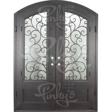 Load image into Gallery viewer, Double entryway doors made with a thick iron and steel frame. Doors feature 3/4 panel windows behind intricate iron detailing, a kickplate, and a slight arch on top. Doors are thermally broken to protect from extreme weather.