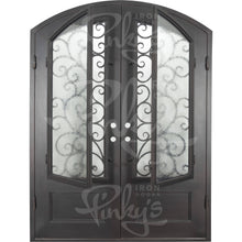 Load image into Gallery viewer, Double entryway doors made with a thick iron and steel frame. Doors feature 3/4 panel windows behind intricate iron detailing, a kickplate, and a slight arch on top. Doors are thermally broken to protect from extreme weather.