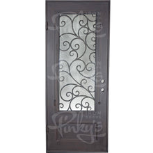 Load image into Gallery viewer, Single entryway door with a panel of glass behind iron detailing.