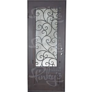 Single entryway door with a panel of glass behind iron detailing.