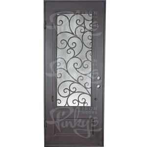 Single entryway door with a 3/4 length pane of glass behind intricate iron detailing. Door is thermally broken to protect from extreme weather.