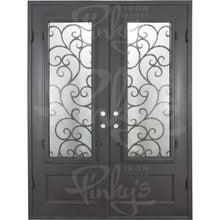 Load image into Gallery viewer, Double entryway doors with a panel of glass behind iron detailing.