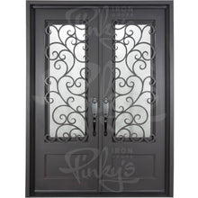 Load image into Gallery viewer, Double entryway doors with a panel of glass behind iron detailing.