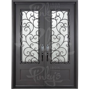 Double entryway doors with a panel of glass behind iron detailing.