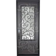 Load image into Gallery viewer, Single entryway door with a 3/4 length pane of glass behind intricate iron detailing. Door is thermally broken to protect from extreme weather.