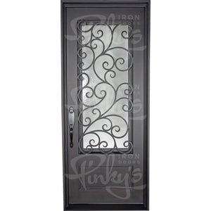 Single entryway door with a 3/4 length pane of glass behind intricate iron detailing. Door is thermally broken to protect from extreme weather.