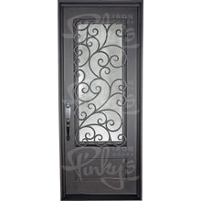 Load image into Gallery viewer, Single entryway door with a panel of glass behind iron detailing.