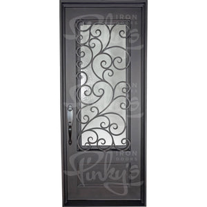 Single entryway door with a panel of glass behind iron detailing.