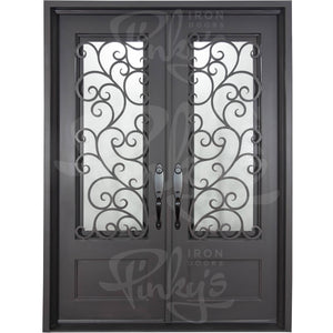 Double entryway doors made with a thick iron and steel frame. Doors feature 3/4 panel windows behind intricate iron detailing. Doors are thermally broken to protect from extreme weather.