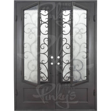 Load image into Gallery viewer, Double entryway doors with a panel of glass behind iron detailing.