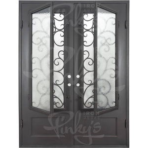 Double entryway doors with a panel of glass behind iron detailing.