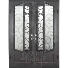 Load image into Gallery viewer, Double entryway doors made with a thick iron and steel frame. Doors feature 3/4 panel windows behind intricate iron detailing. Doors are thermally broken to protect from extreme weather.